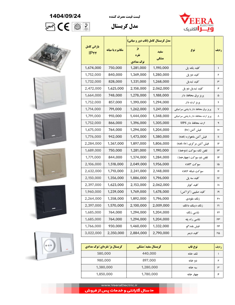 لیست قیمت کلید و پریز ویرا مدل کریستال آذر 1404